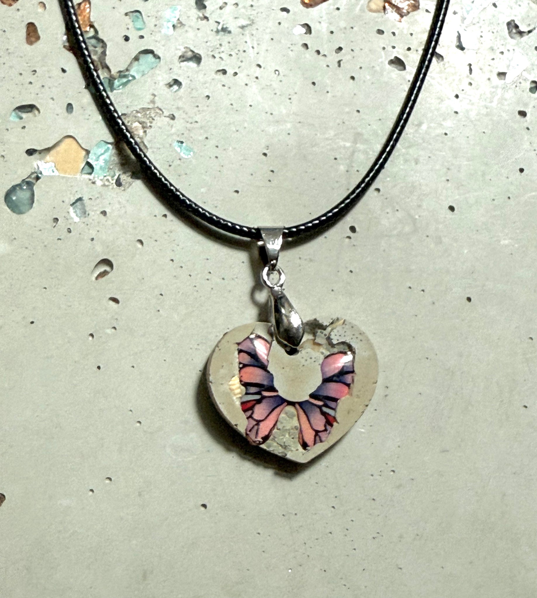 Cement Butterfly Heart Necklace