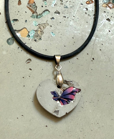 Cement Butterfly Heart Necklace