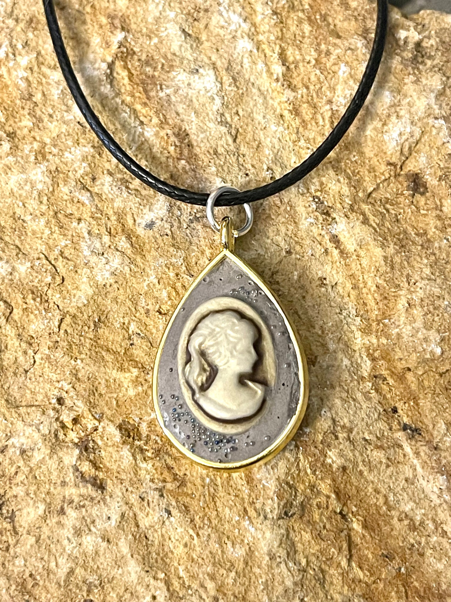 Metal Framed Cement Cameo Necklace